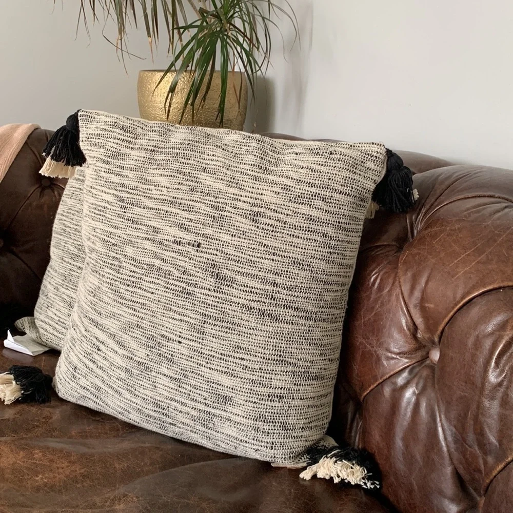 Marlo Lorenz Bradford two tone Corner tassels pillows set of two black beige NWT